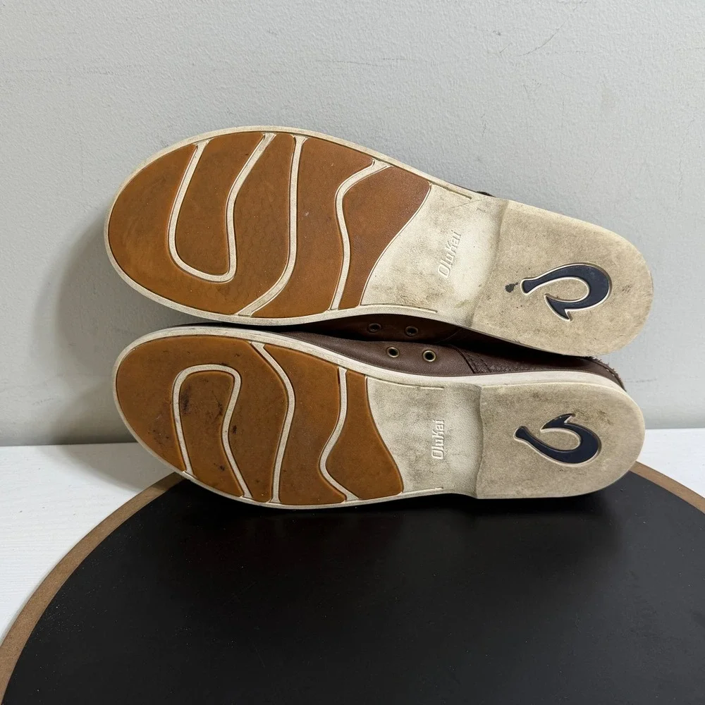 OluKai Mokua Leather Shoes Men 10 Casual‎ Boat Moc Toe Brown Comfort